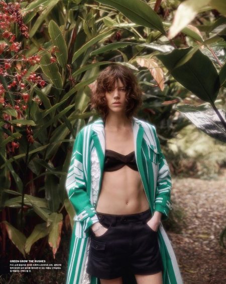 Freja Beha Erichsen Models Miu Miu's Spring Looks in Vogue Korea Freja Beha Erichsen poses in Miu Miu coat, strapless swim top and shorts