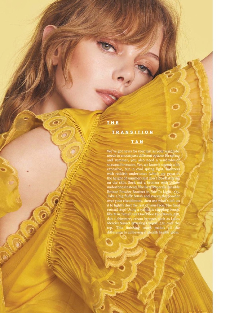 Wearing a pleated Chloe top, Frida Gustavsson shows off a sun-kissed makeup look