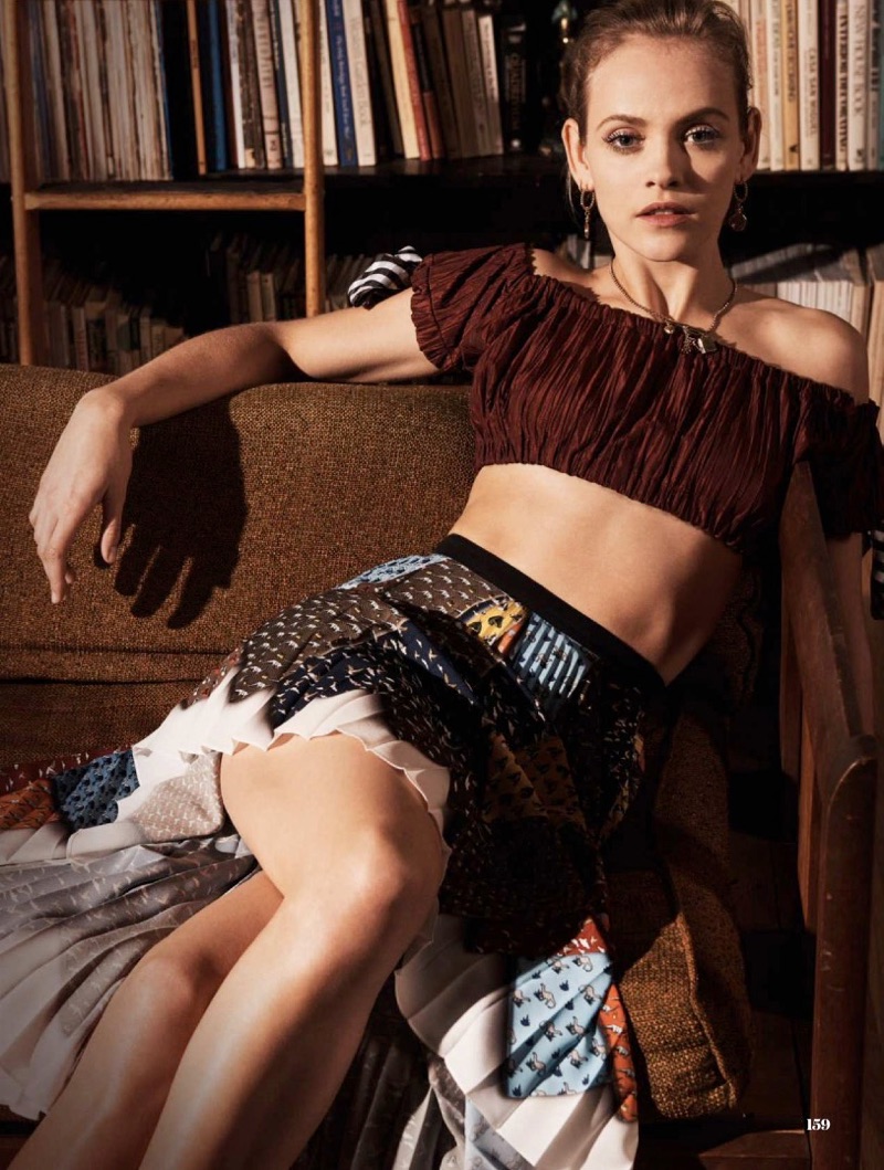 Ginta Lapina poses in House of Holland off-the-shoulder top and Mary Katrantzou skirt