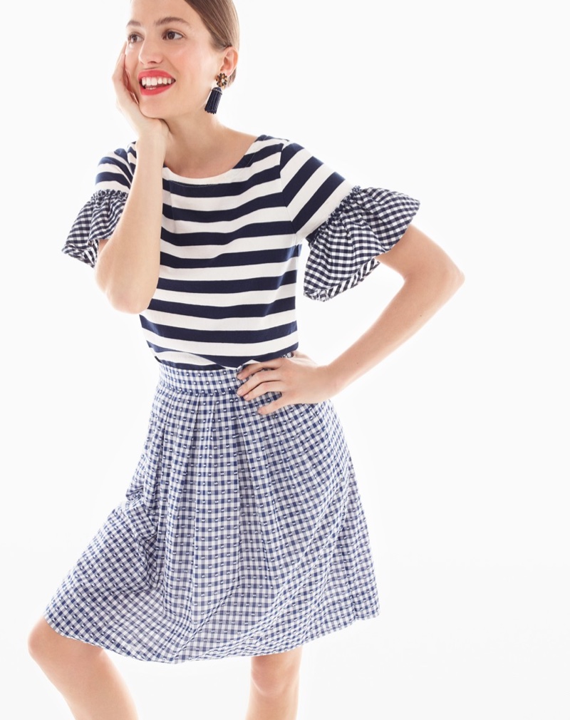 J. Crew Ruffle-Sleeve Top and Pull-On Skirt in Gingham Clip Dot