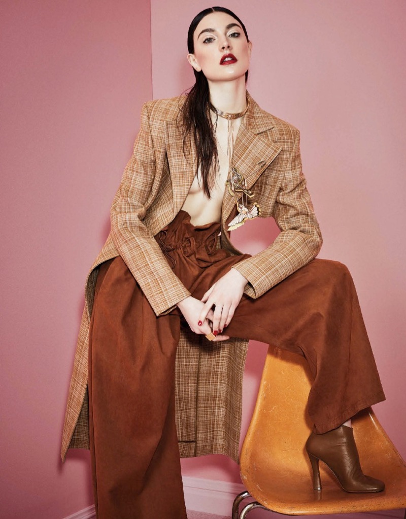 Jacquelyn Jablonski wears Celine coat and Stella McCartney pants