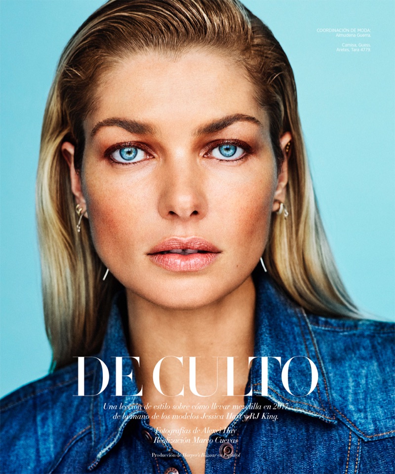 Photographed by Alexei Hay, Jessica Hart models Guess denim shirt and Tara earrings