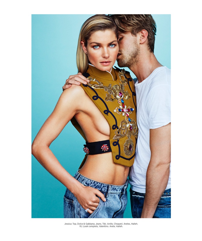 Jessica Hart wears Dolce & Gabbana top and Tibi jeans. RJ King poses in Valentino t-shirt and jeans.