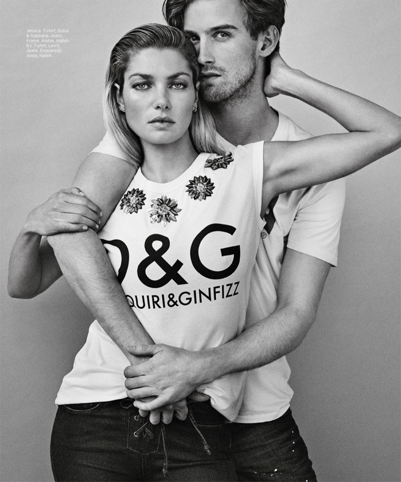 Photographed in black and white, Jessica Hart models Dolce & Gabbana t-shirt and Frame jeans. RJ King wears Levi’s t-shirt and Levi’s jeans.