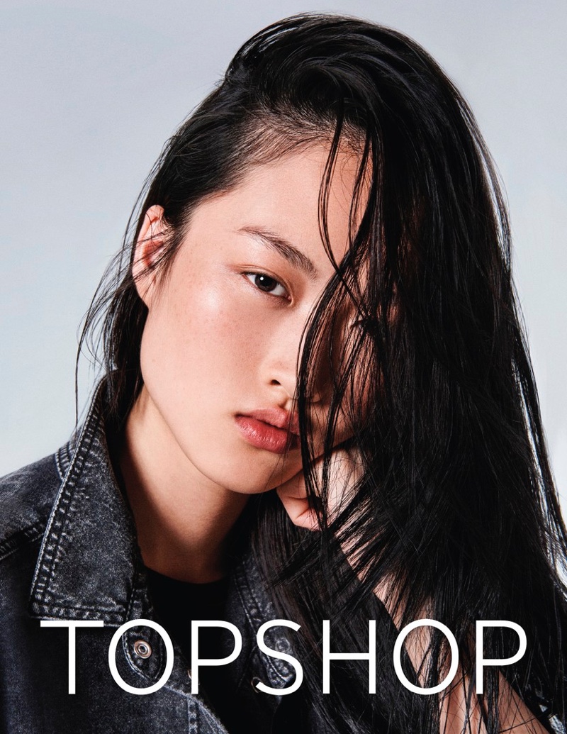 Jing Wen models dark denim top in Topshop Jeans' spring-summer 2017 campaign