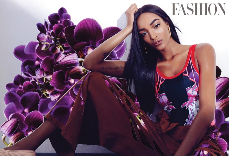 Embracing bold prints, Jourdan Dunn models Stella McCartney bodysuit and pants with Celine shoes and Eddie Borgo