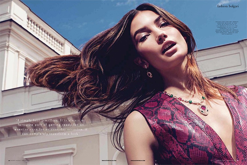Model Lily Aldridge poses in Bulgari jewelry for the fashion editorial
