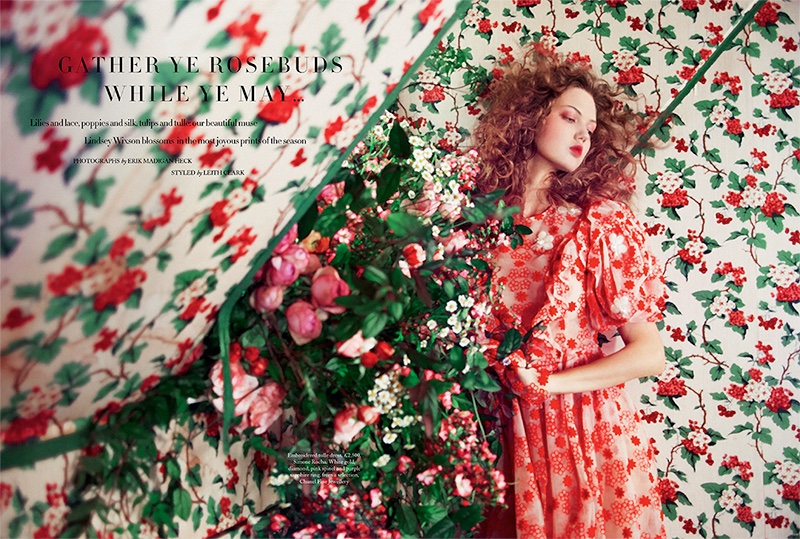 Posing against a vintage-looking wallpaper, Lindsey Wixson models Simone Rocha embroidered tulle dress