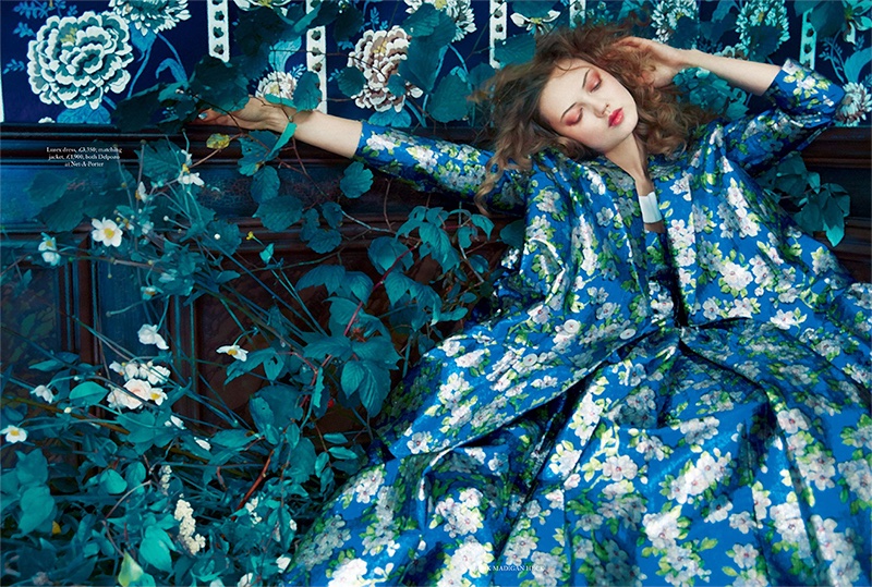 Embracing florals, Lindsey Wixson wears Delpozo dress and matching jacket