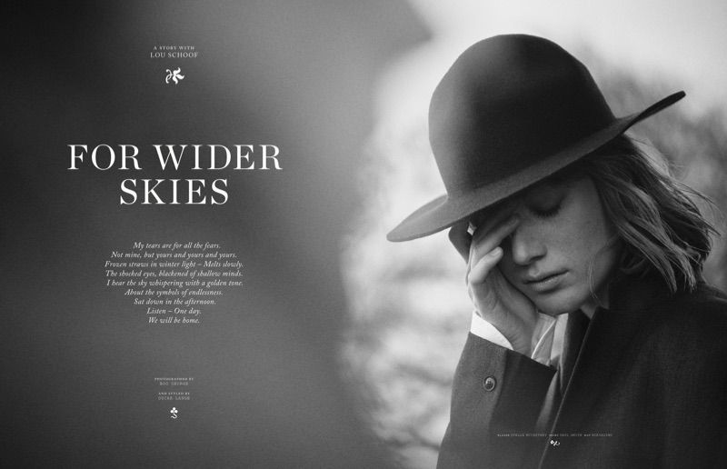 Photographed in black and white, Lou Schoof models Stella McCartney blazer, Paul Smith shirt and Borsalino hat