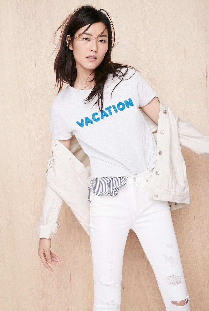 Madewell Oversized Jean Jacket, Embroidered Vacation Tee and 9” High-Rise Skinny Crop Jeans