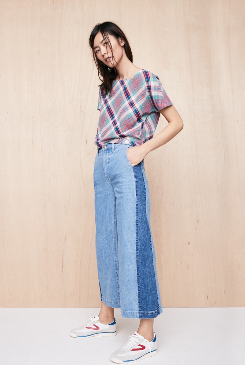 Madewell Plaid Tie-Back Top, Wide-Leg Crop Jeans and Tretorn Rawlins3 Sneakers