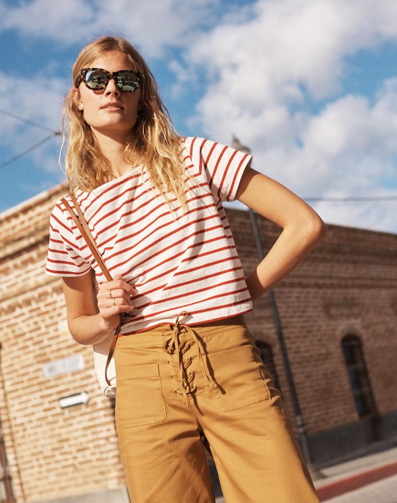 Madewell Setlist Boxy Tee in Murphy Stripe, Lace-Up Wide-Leg Crop Pants, Headliner Sunglasses and The Convertible Canvas Backpack