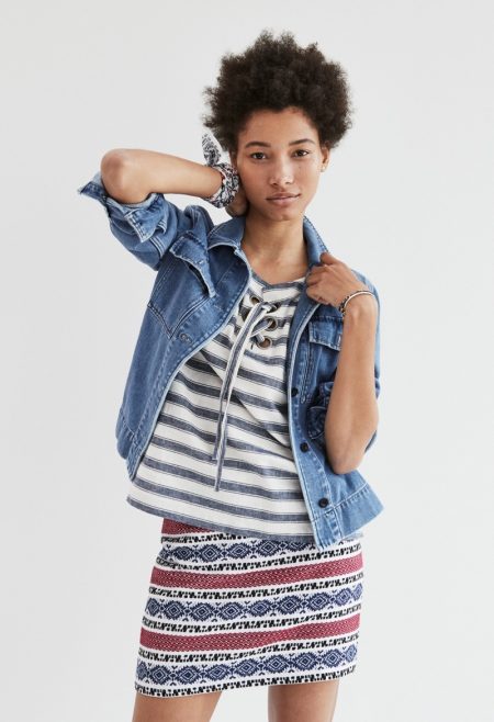 Lineisy Montero Models Madewell's Weekend Ready Looks Madewell Northward Cropped Army Jacket in Denim, Striped Lace-Up Top and Jacquard Gamine Skirt