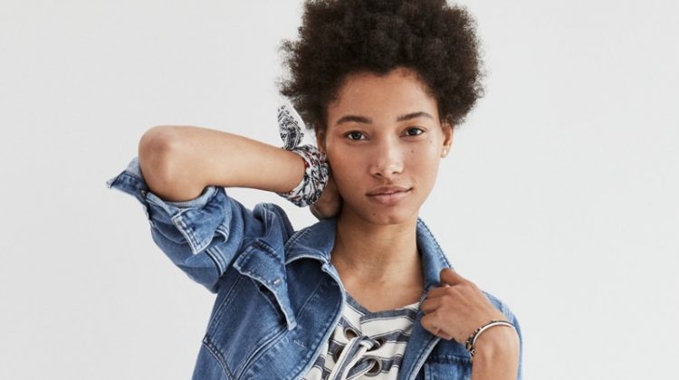 Madewell Northward Cropped Army Jacket in Denim, Striped Lace-Up Top and Jacquard Gamine Skirt
