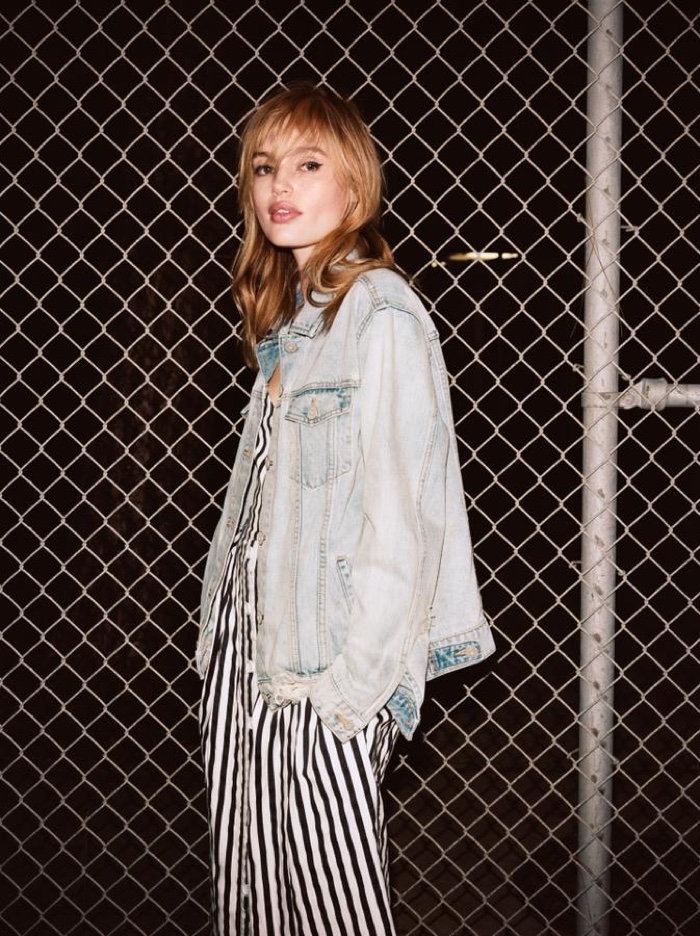 Model Staz Lindes wears light wash jean jacket and stripes in Mango’s April 2017 campaign
