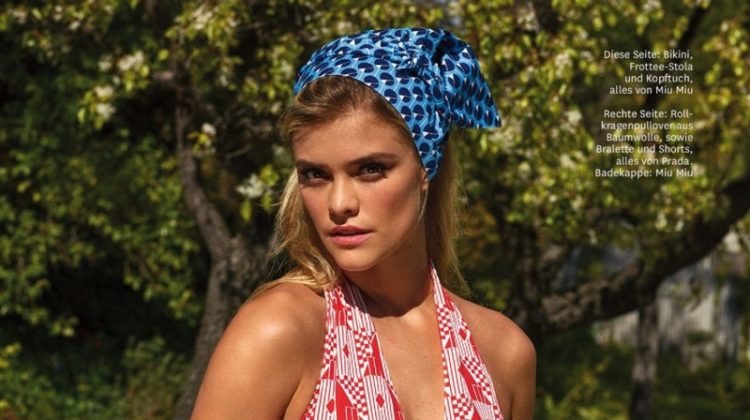 Looking like a pin-up, Nina Agdal models Miu Miu bikini, shawl and scarf