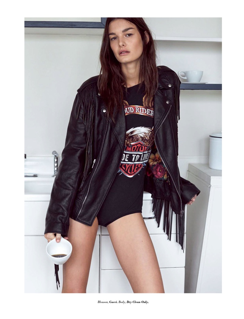 Looking rebel chic, Ophelie Guillermand wears Gucci fringe jacket and Dry Clean Only bodysuit
