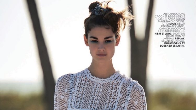 Ophelie Guillermand models Dior crochet dress, bra and briefs