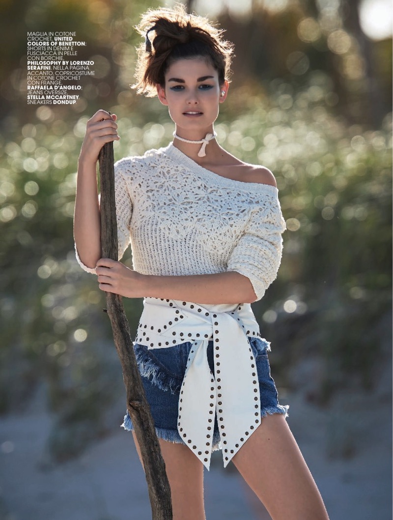 Ophelie Guillermand poses in United Colors of Benetton crochet top and Philosophy di Lorenzo Serafini shorts