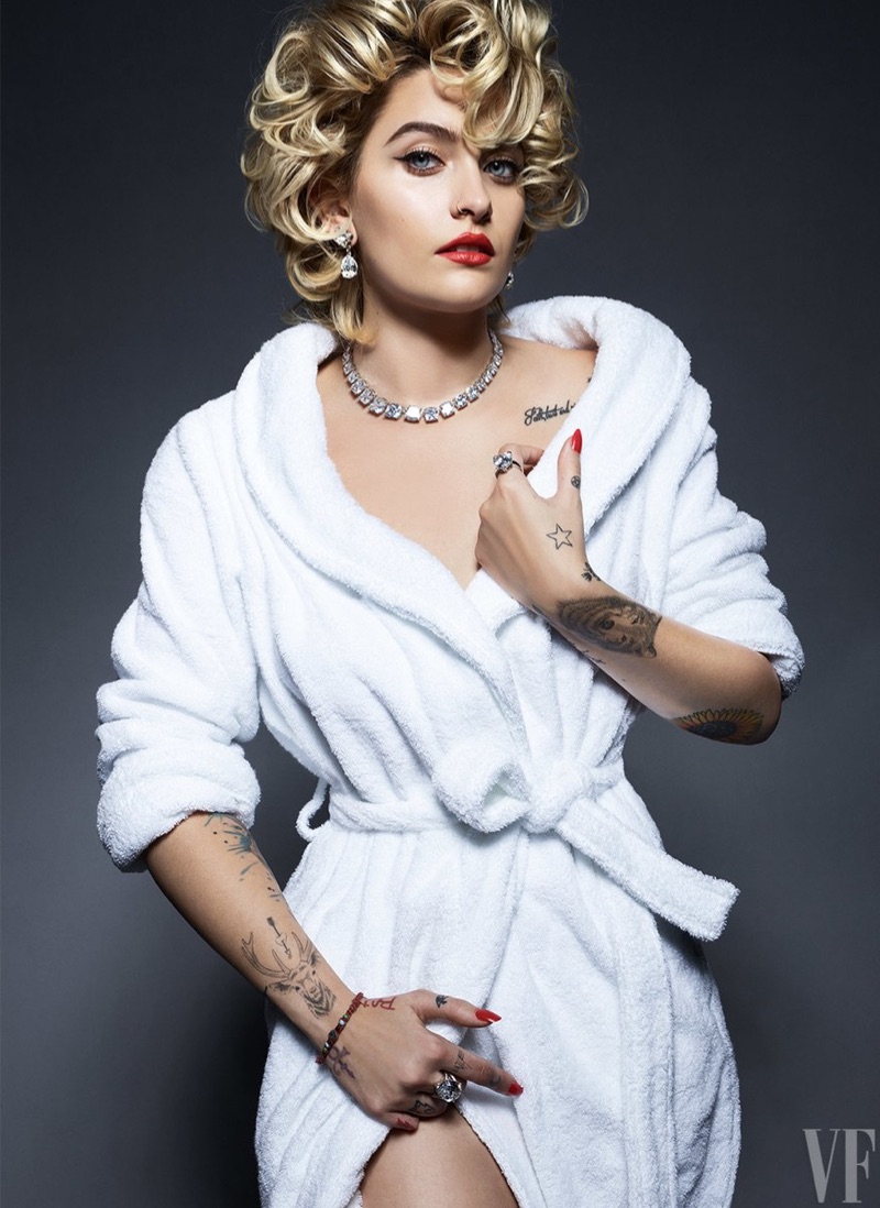 Paris Jackson poses in a white robe for Vanity Fair