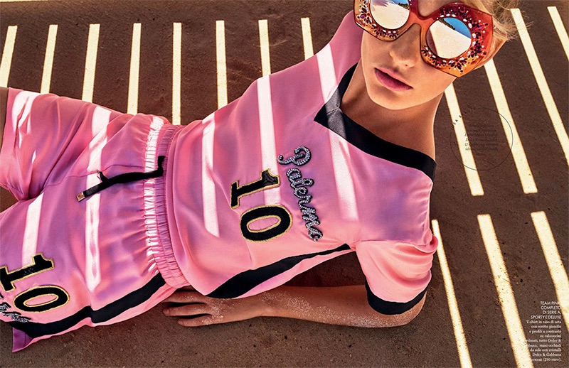 Looking pretty in pink, Patricia van der Vliet models Dolce & Gabbana embellished shirt, shorts and sunglasses
