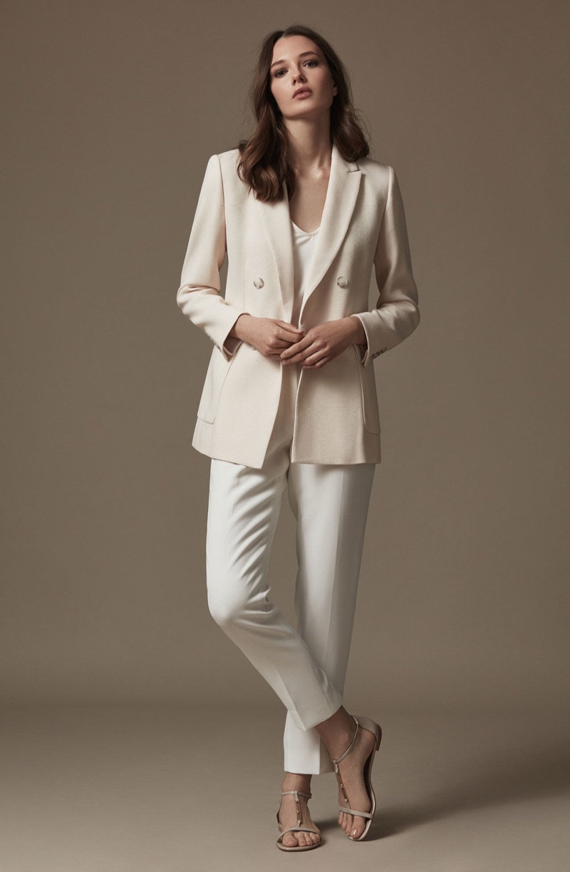 REISS Lille Double-Breasted Blazer $475, Ona V-Neck Tank Top $60, Rox Trouser $240 and Brigitte Metal-Detail Flat Sandals $240