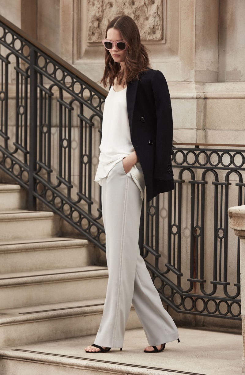 REISS Mills Leather-Detail Blazer $520, Eve Layered Cami $180, Ray Wide-Leg Trousers $265 and Aris Metal-Detail Sandals $295