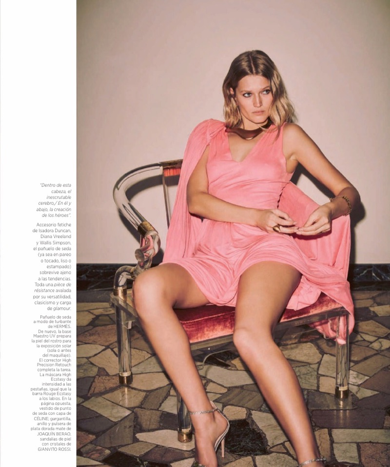 Looking pretty in pink, Toni Garrn poses in Celine dress and cape with Gianvito Rossi sandals
