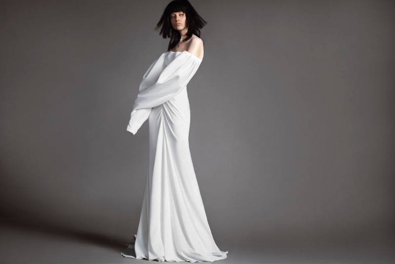 Delphine soft white crepe gown with pleated sleeves from Vera Wang Bridal’s spring 2018 collection