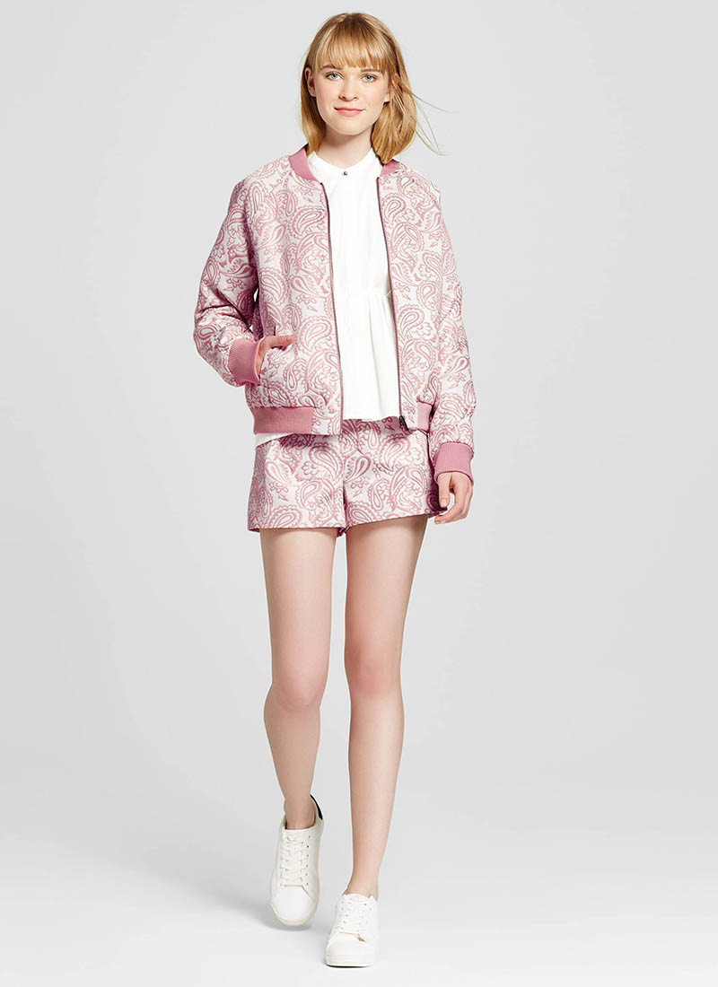 Victoria Beckham for Target Blush Floral Jacquard Bomber Jacket $35 and Floral Pleated Jacquard Shorts $28