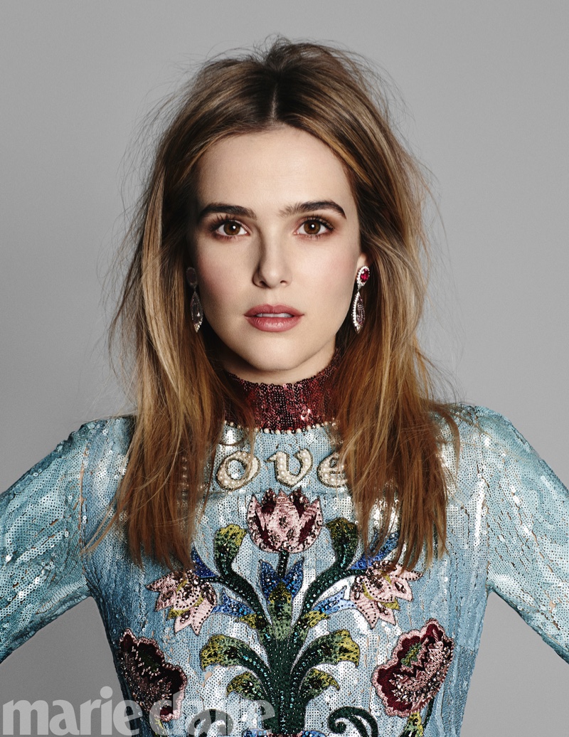 Zoey Deutch poses in Gucci sequined embellished dress