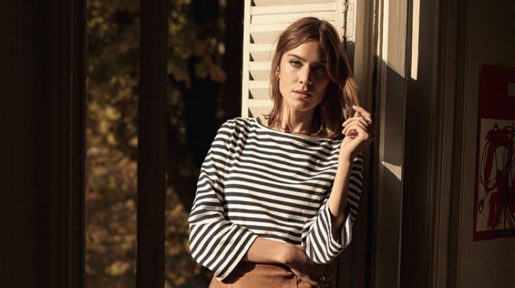 Alexa Chung poses in striped top and miniskirt in AG’s spring 2017 campaign