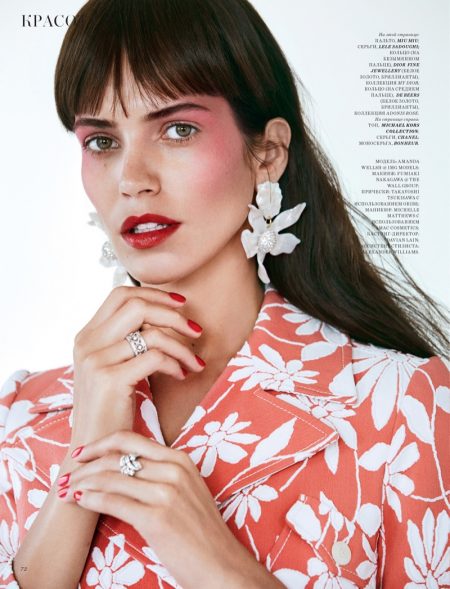 Amanda Wellsh Looks Pretty in Pink for Harper's Bazaar Kazakhstan Beauty Spread Wearing a Miu Miu coat, Amanda Wellsh shows off a vibrant red shade of lipstick
