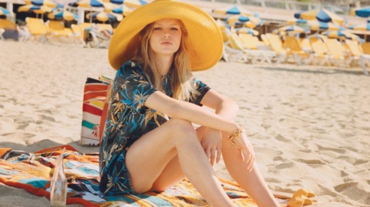 In the sand, Anna Ewers poses in Marni top, Albertus Swanepoel hat and Ancient Greek Sandals