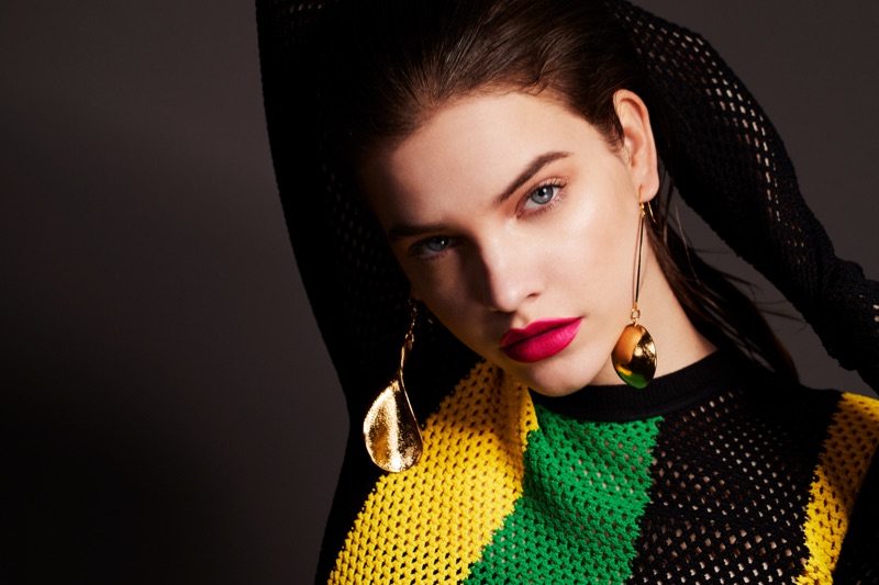 Looking colorful, Barbara Palvin wears Proenza Schouler top and Mounser earrings