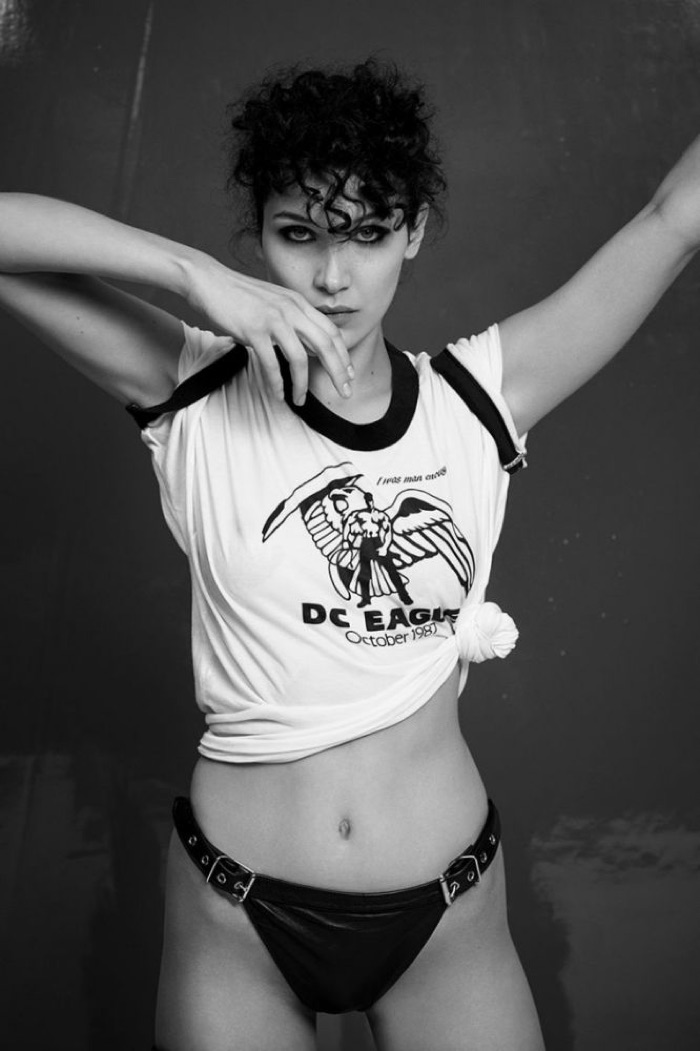 Bella Hadid poses in t-shirt and leather briefs