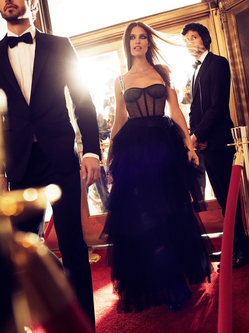 Stealing the scene, Bianca Balti models Dior gown with bustier