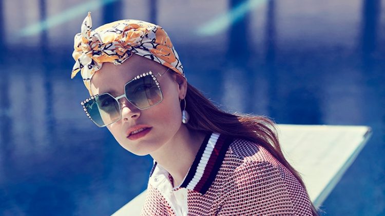 Looking retro chic, Carlotta Brass wears Tommy Hilfiger polo shirt and striped bikini bottoms with Samsoe Samsoe turban and Fendi sunglasses