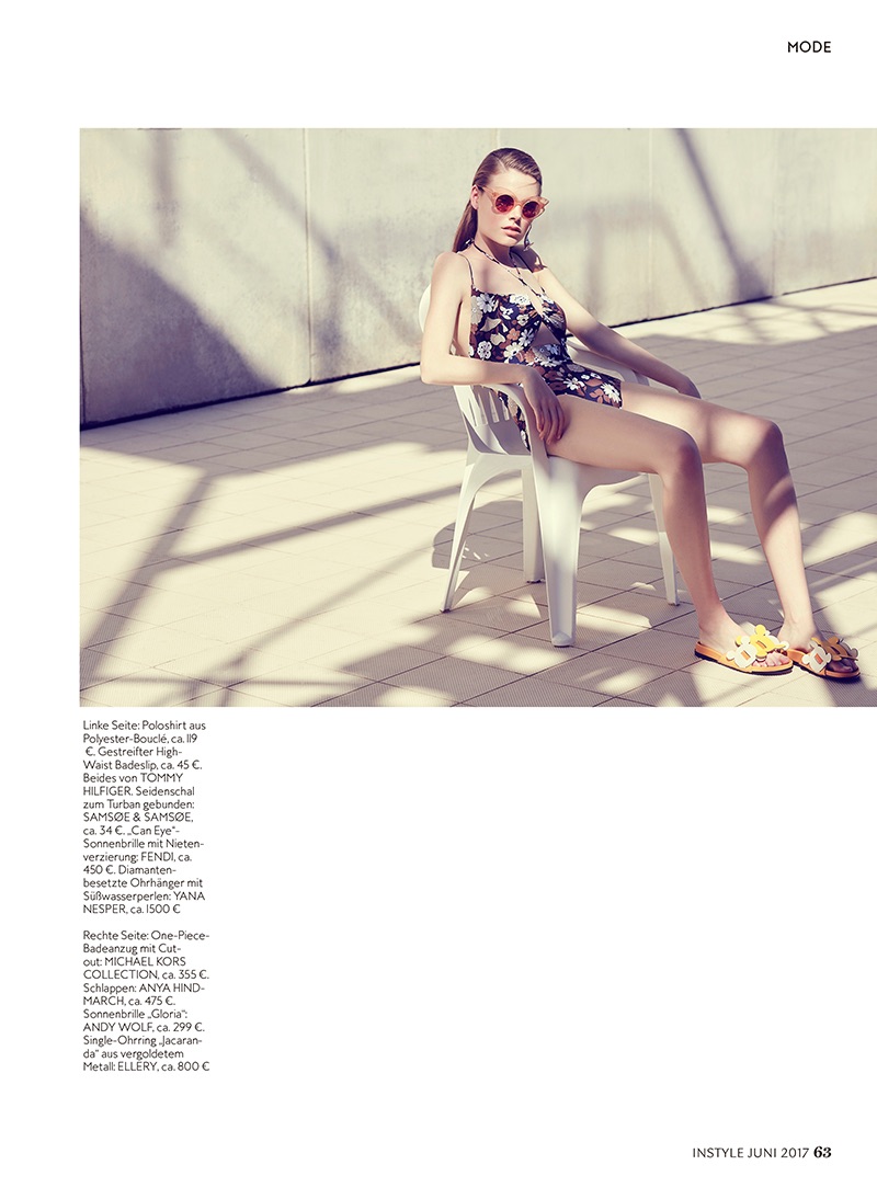 Carlotta Brass wears Michael Kors Collection one-piece swimsuit and Anya Hindmarch sandals