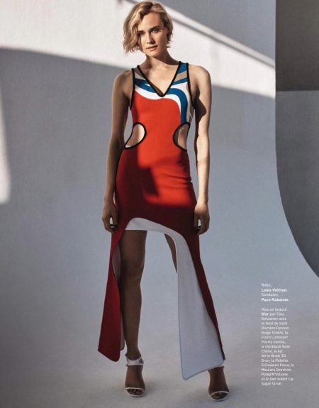 Diane Kruger Poses in Statement-Making Looks for Grazia France Striking a pose, Diane Kruger wears Louis Vuitton dress and Paco Rabanne sandals