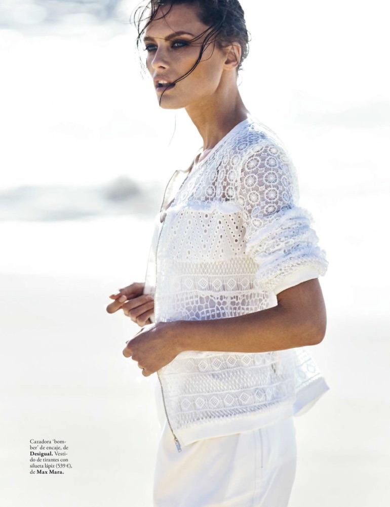 Elena Melnik models Desigual lace bomber jacket and Max Mara dress