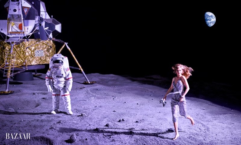 Walking on the moon, Gigi Hadid models Dolce & Gabbana silver dress and Stuart Weitzman shoes