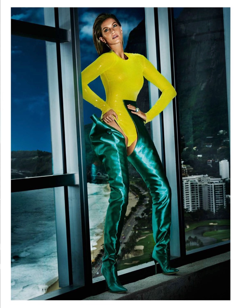 Gisele Bundchen models Emilio Pucci sequined bodysuit with Vetements x Manolo Blahnik boots