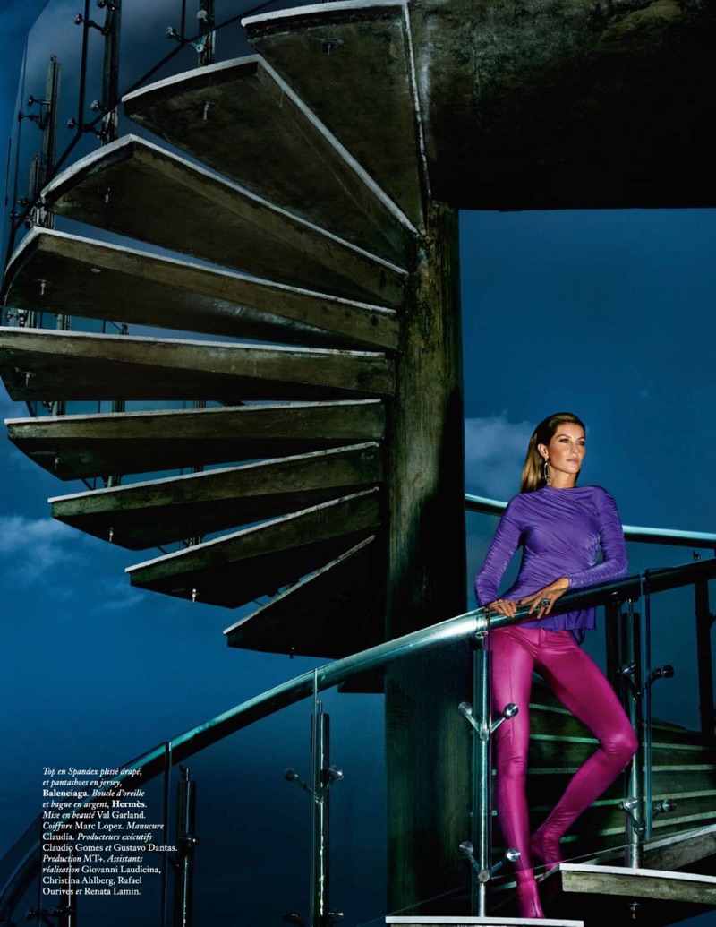 Embracing jewel tones, Gisele Bundchen wears Balenciaga top and pants