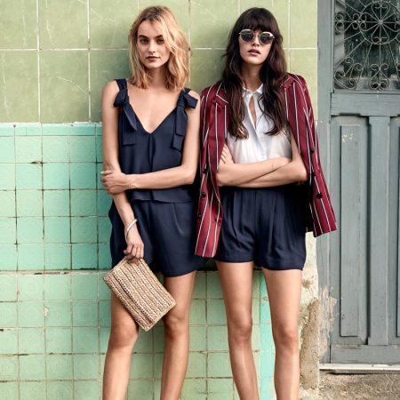 Urban Summer: 9 Warm Weather Looks from H&M (Left) H&M Romper, Straw Clutch Bag and Mules (Right) H&M Sleeveless Blouse, Wide-Cut Shorts and Espadrilles