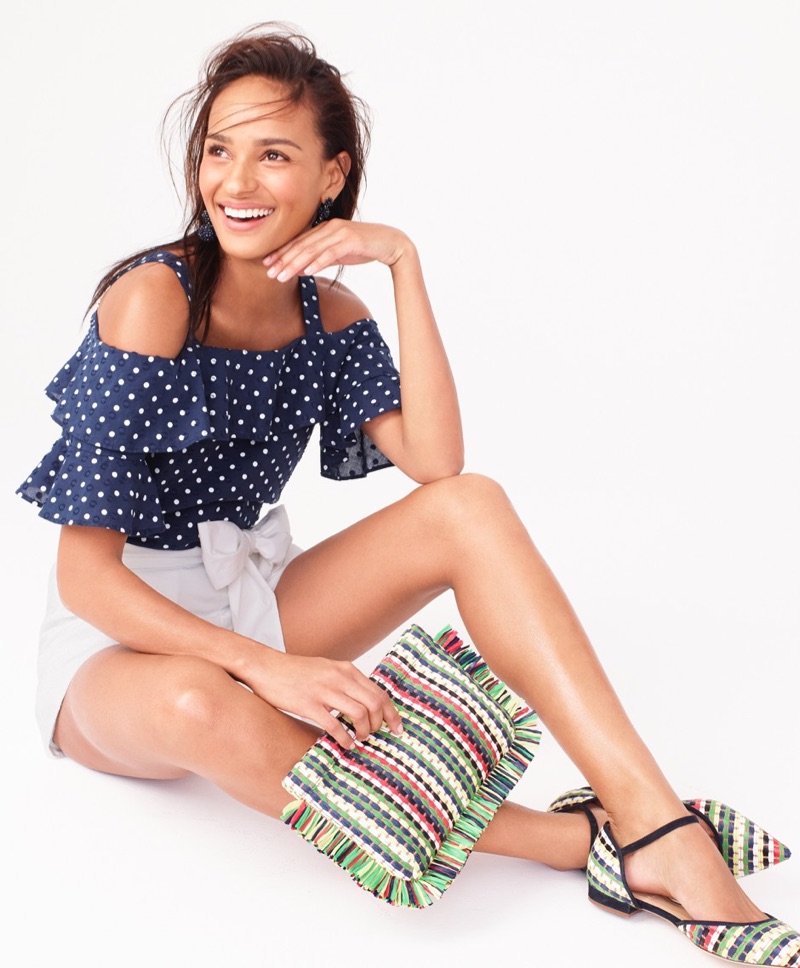 J. Crew Beaded Ball Earrings, Polka-Dot Cold-Shoulder Top, Tie-Waist Short in Cotton Poplin, Striped Straw Clutch and Lily Raffia Flats
