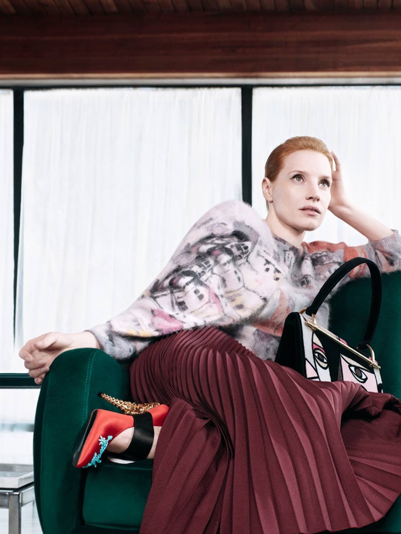 Photographed by Willy Vanderperre, Jessica Chastain appears in Prada's pre-fall 2017 campaign