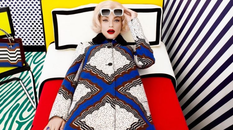 Jessica Stam looks pop art chic in Missoni coat, tights and sunglasses