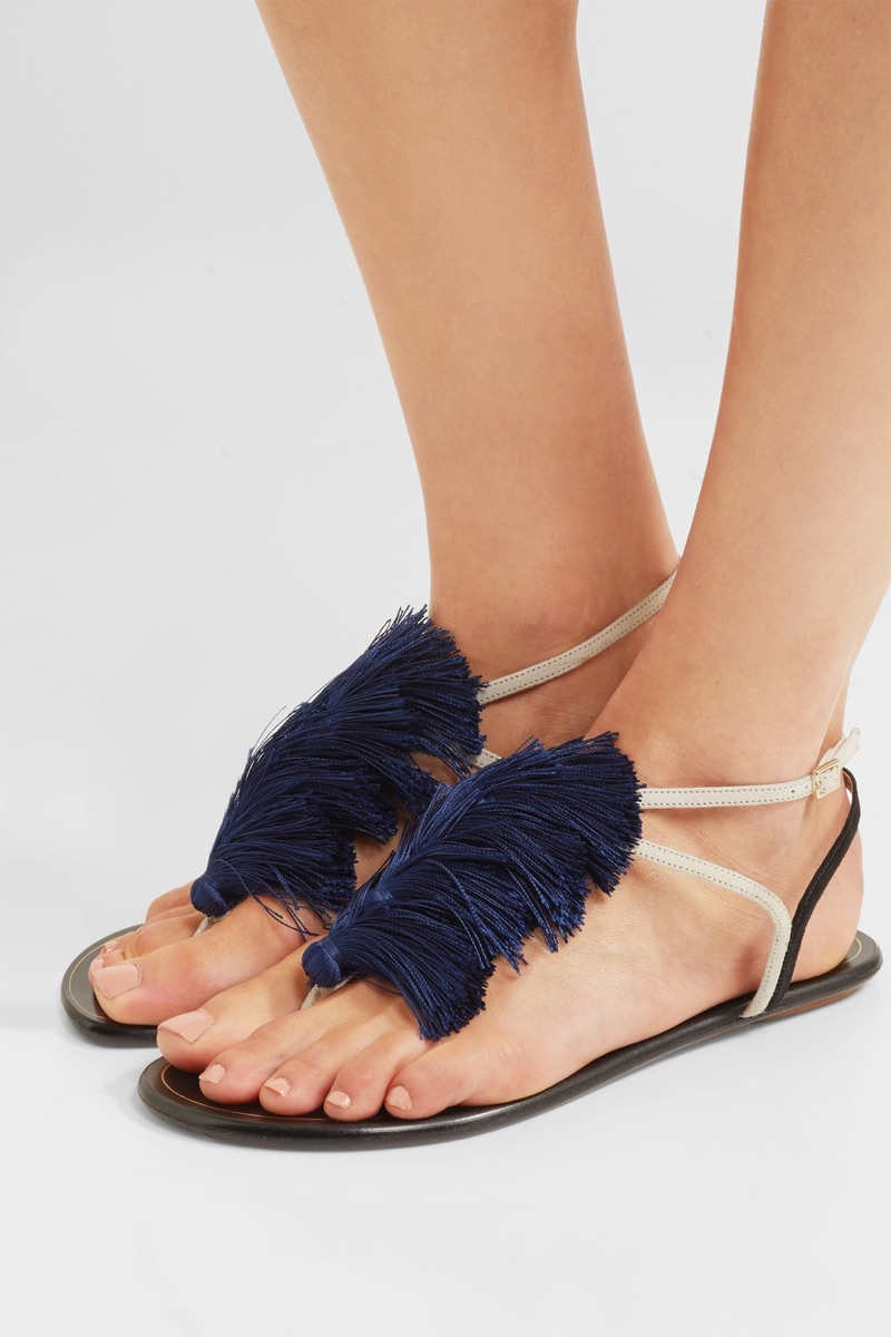 Johanna Ortiz x Aquazzura Tangier Tasseled Two-Tone Suede Sandals in Blue $585